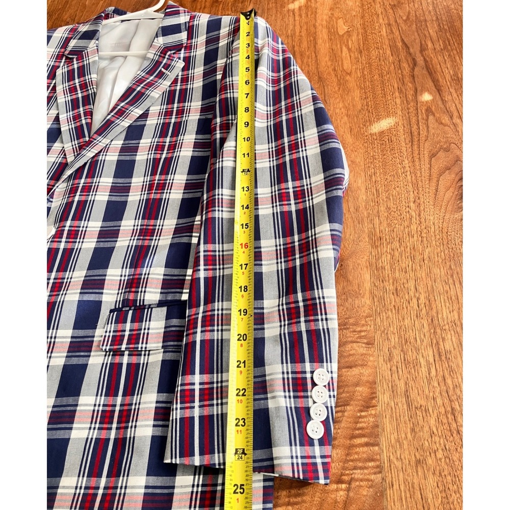 Alan Flusser Mens 44R Blazer Sport Coat Navy Blue Red White Plaid Cotton Blend - Picture 11 of 12